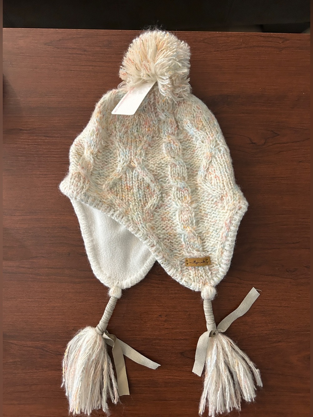 NWT Milly Mook Kids Multi-Tonal Speckle Cable Knit Pom Earflap Beanie Hat Pastel